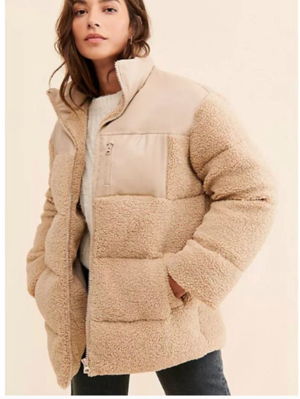 If By Sea Womens Size Small Teddy Puffer Jacket Faux Leather Sherpa Fleece Beige